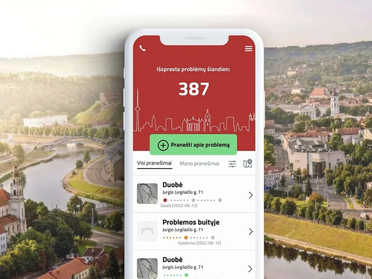 Vilnius 1355 programėlė: pranešimų sąrašas, būsenos ir incidentų žemėlapis