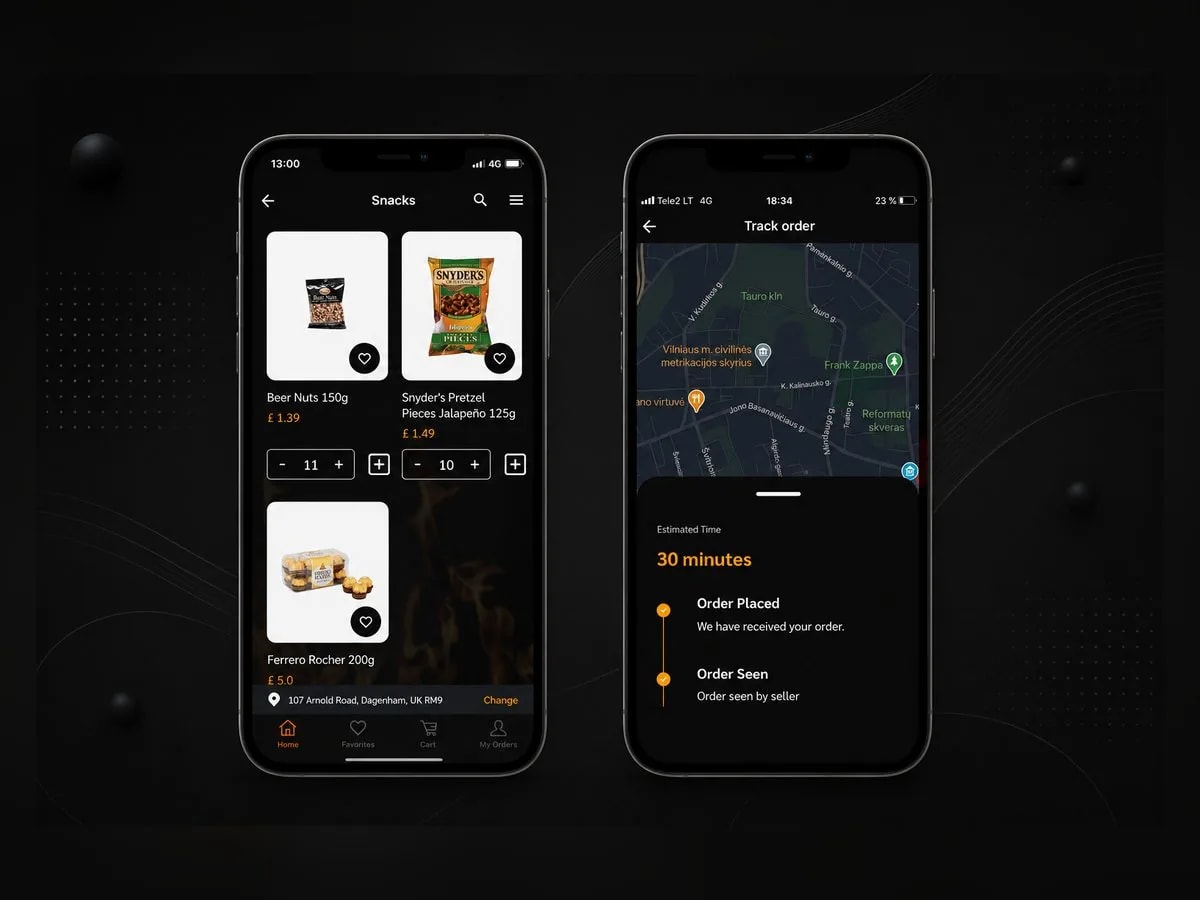 Yoozby pristatymo platformos ekranai: užsakymas, kurjerio maršrutas ir realaus laiko sekimas